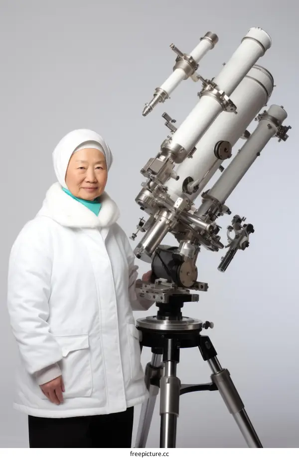 Portrait of a Uyghur woman standing next to a telescope