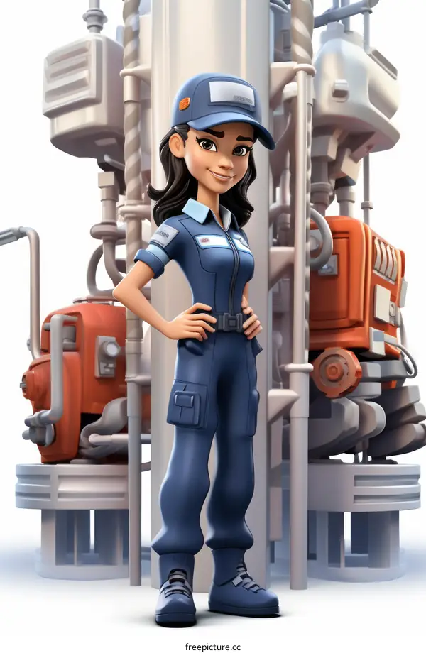 Girl in blue jumpsuit and cap standing next to a machine