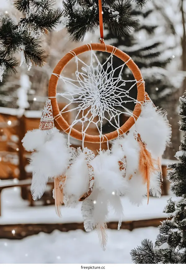 Dreamcatcher with White and Brown Feathers in Winter