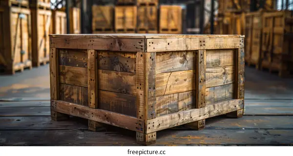 An empty wooden crate sits on a wooden floor in a warehouse