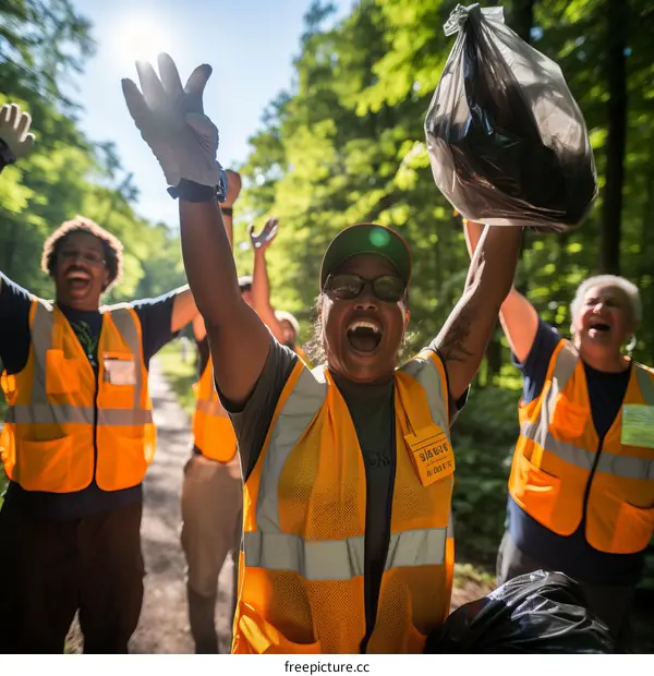 Group of volunteers celebrate cleaning up a local park