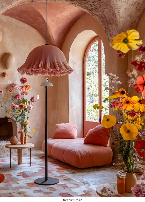 Pink and Yellow Floral Living Room with Unique Lamp