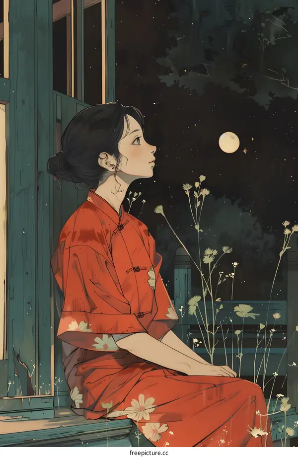 Girl in Red Dress Sitting Under the Stars