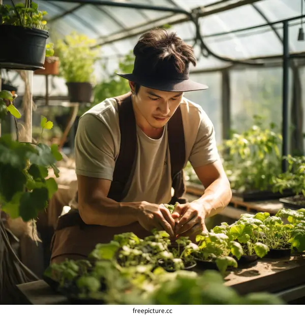 Young Asian male farmer working in greenhouse