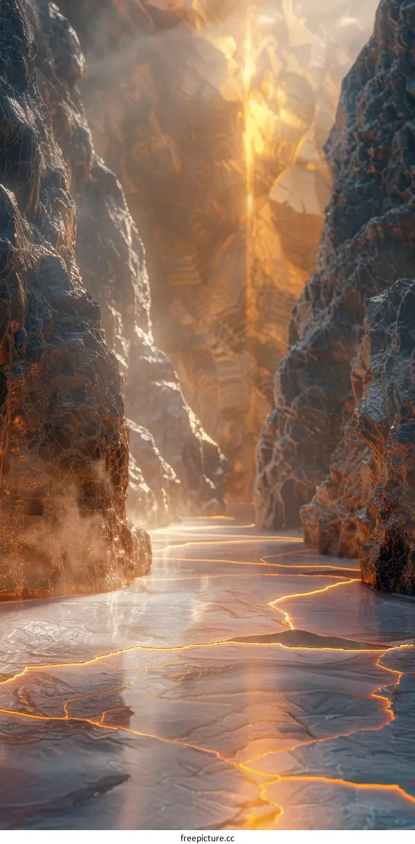 Glowing Lava Flowing Between Rocks