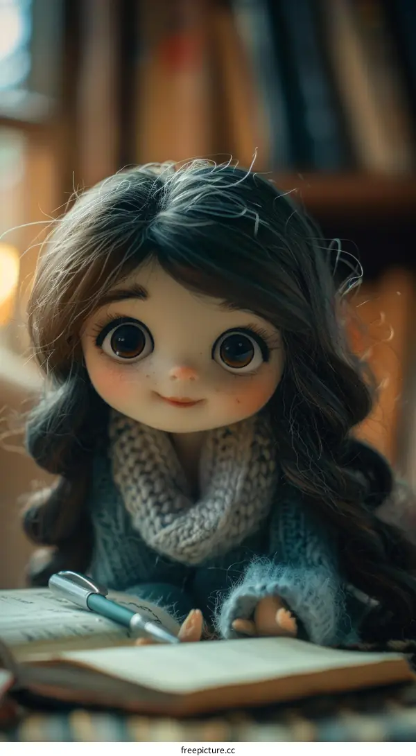 A cute doll with big eyes is sitting on a table and writing in a diary