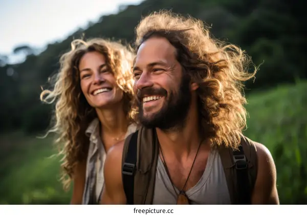 Happy couple with curly hair smiling in the wind