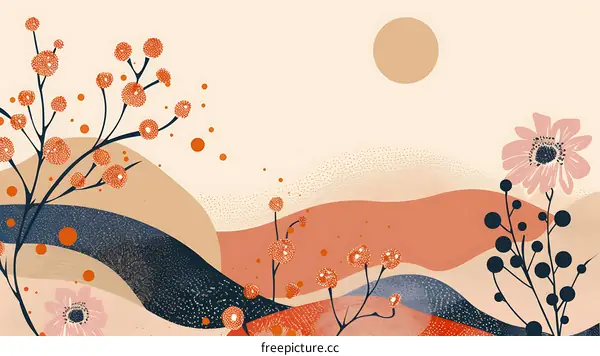 Abstract Landscape With Flowers And Sun