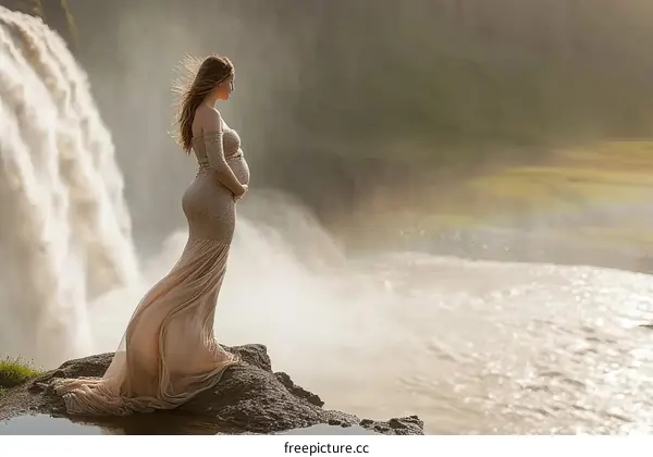 Pregnant woman standing on a rock in front of a waterfall
