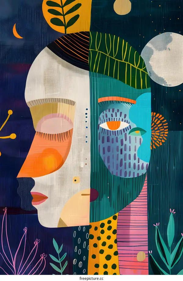 Abstract Art with Two Faces and Nature Elements