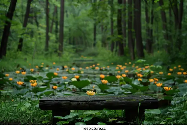 Solitude in Lush Forest: Wooden Bench by Tranquil Pond with Yellow Water Lilies