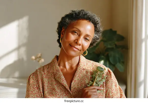 Smiling Black Woman Holding a Gua Sha Tool