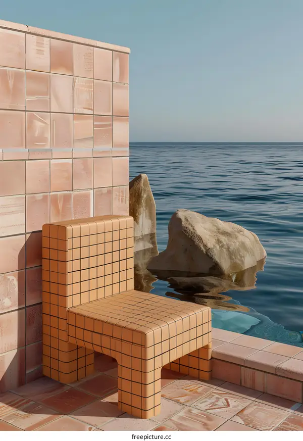 Orange Tile Chair By the Ocean Minimalist Illustration