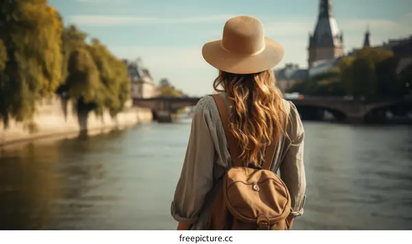 Young woman standing by the river Seine in Paris, France