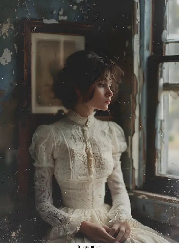 Vintage portrait of a beautiful lady in white dress sitting by the window