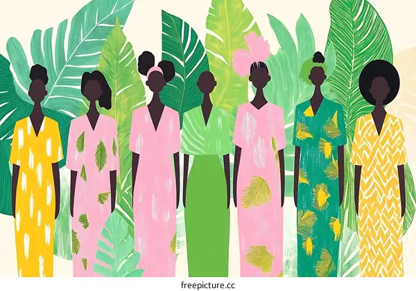 Women Wearing Dresses with Tropical Leaves Illustration