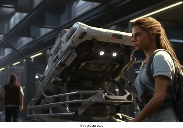 Blonde woman standing next to a robot