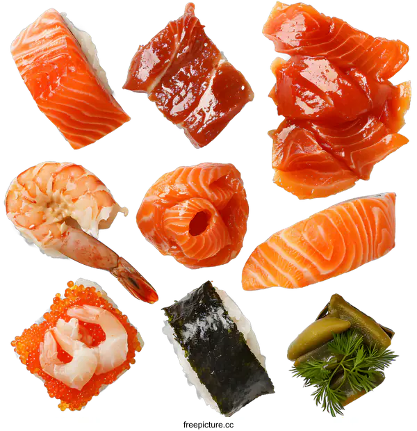 [Transparent Background PNG]Sushi Set with Salmon, Shrimp, and Seaweed