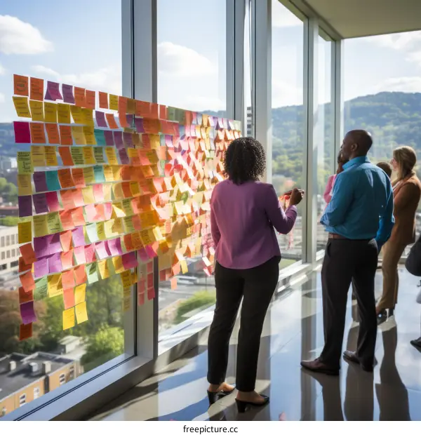 A group of people looking at a wall of sticky notes