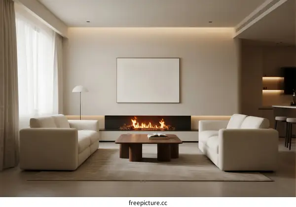 Modern living room with white sofas and cozy fireplace
