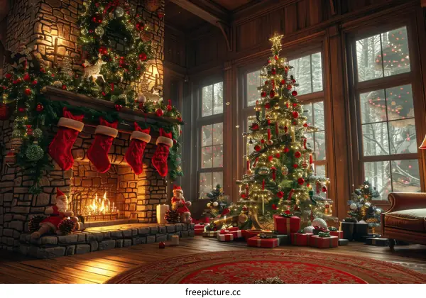 Christmas Tree by Fireplace on Christmas Eve