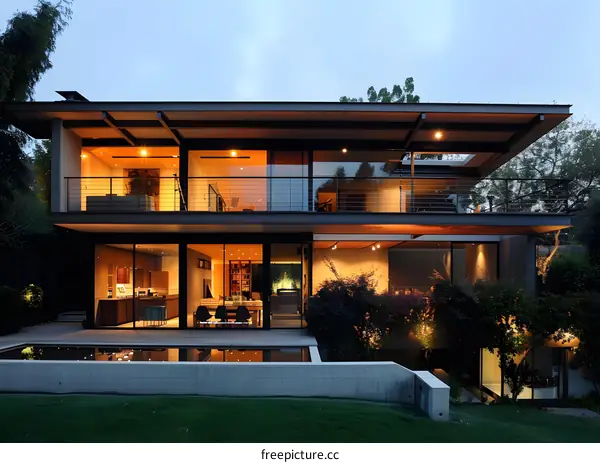 Modern House with Pool and Large Windows at Dusk