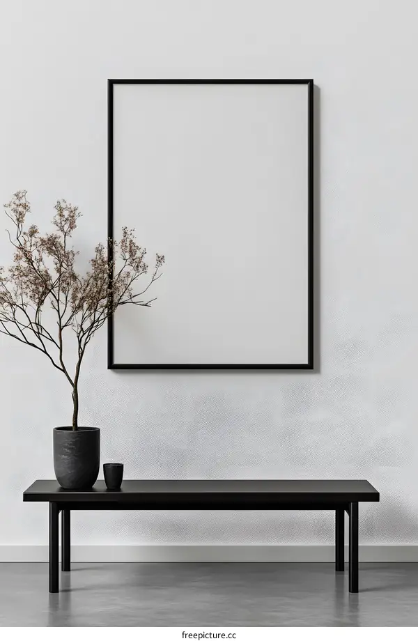 Minimalist Black Frame Poster Mockup with Plant and Bench