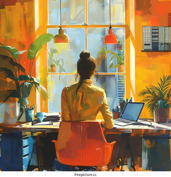 A woman is sitting in a chair in front of a window. There are plants and a laptop on the desk.