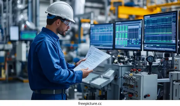 Factory Worker Reviewing Documents at Control Panel
