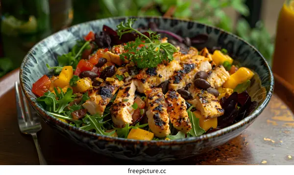 Grilled chicken breast with mango, black beans and rocket salad