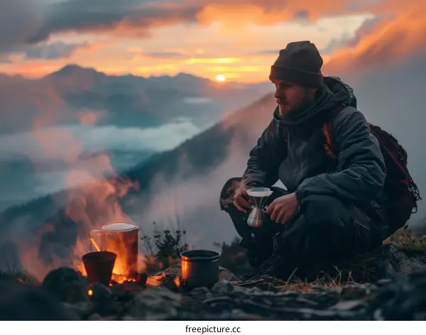 man making coffee on a mountaintop overlooking a valley at sunset