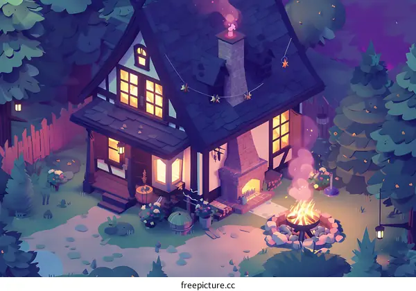 Cozy Cottage in the Woods at Night