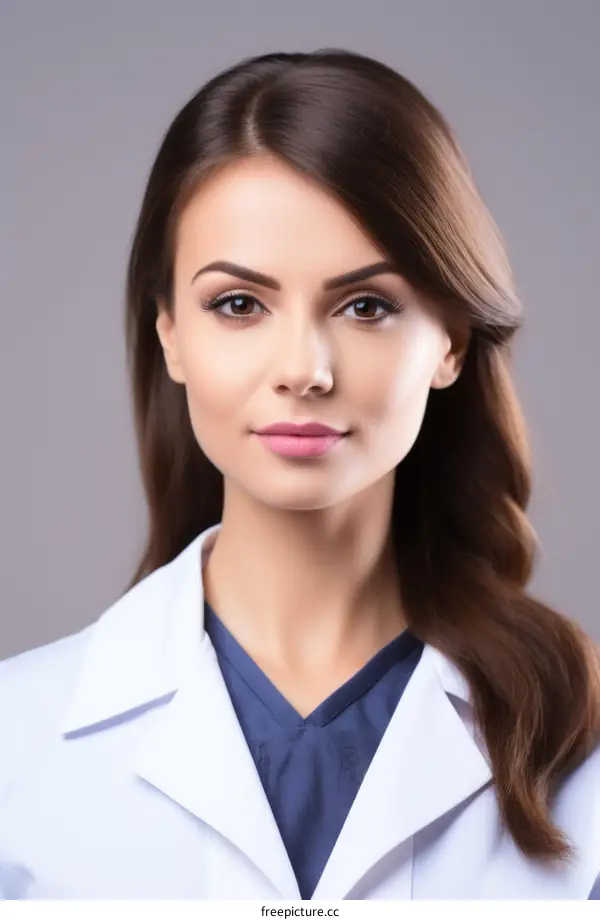 Portrait of a beautiful female doctor with brown hair wearing a white coat