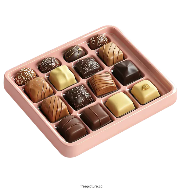 [Transparent Background PNG]Assortment of Delicious Chocolate Treats in a Pink Box