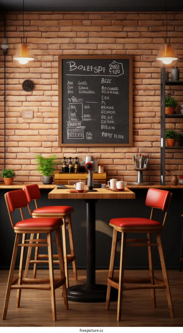 Retro Cafe Interior With Brick Wall And Wooden Furniture