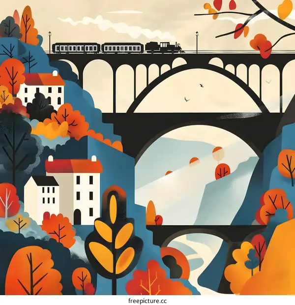 Autumn Landscape with Train Bridge