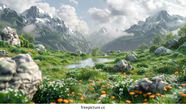Fantasy Mountain Landscape with Lake and Flowers