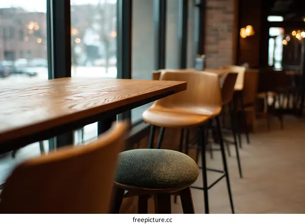 Wooden Table and Bar Stools in a Cafe