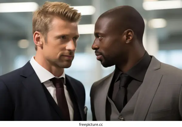 Two men of different ethnicities face off in a tense confrontation