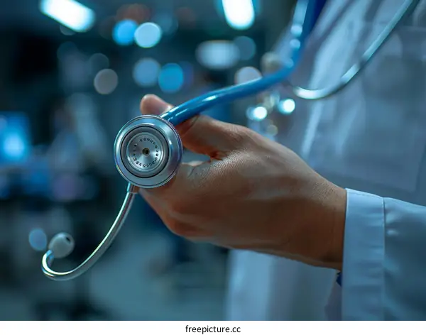A doctor in a white coat is holding a stethoscope in their hand