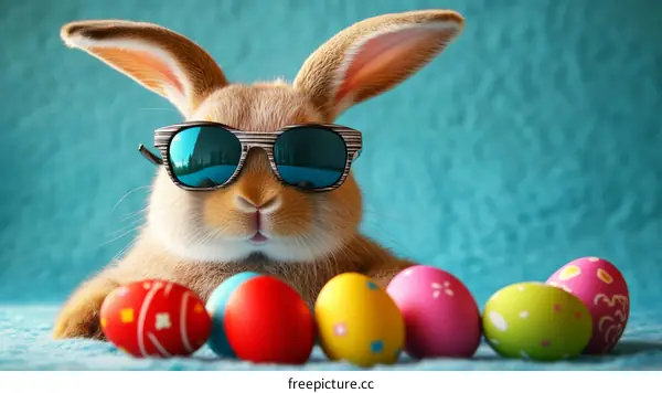 Adorable Easter Bunny in Sunglasses with Colorful Eggs