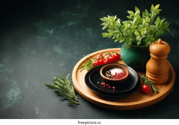 Colorful Fresh Herbs and Spices on a Wooden Tray