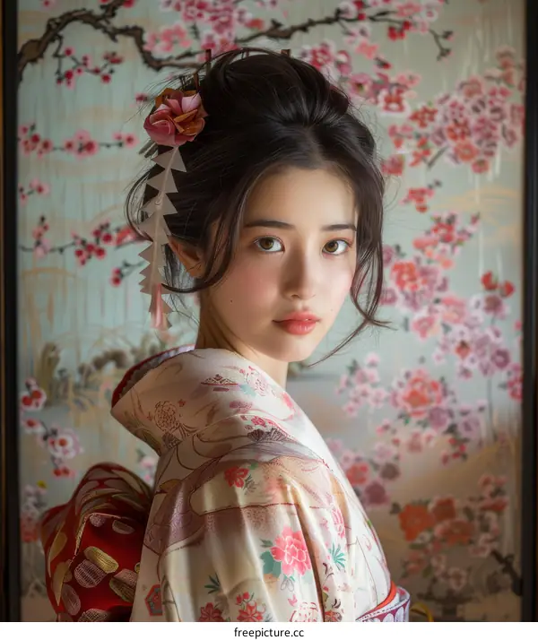 Japanese Woman Wearing Traditional Kimono With Floral Pattern