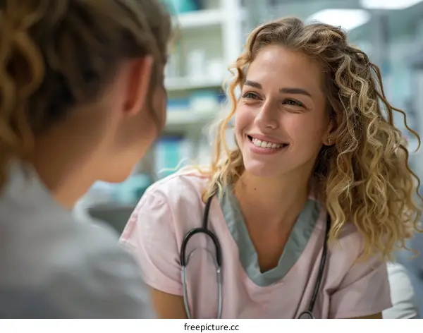 Smiling nurse talking to a patient in a hospital