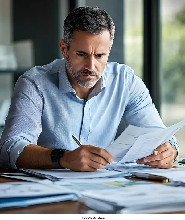 Businessman Reviewing Documents at Desk
