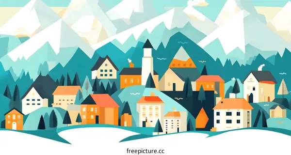 Snowy Mountain Village Illustration