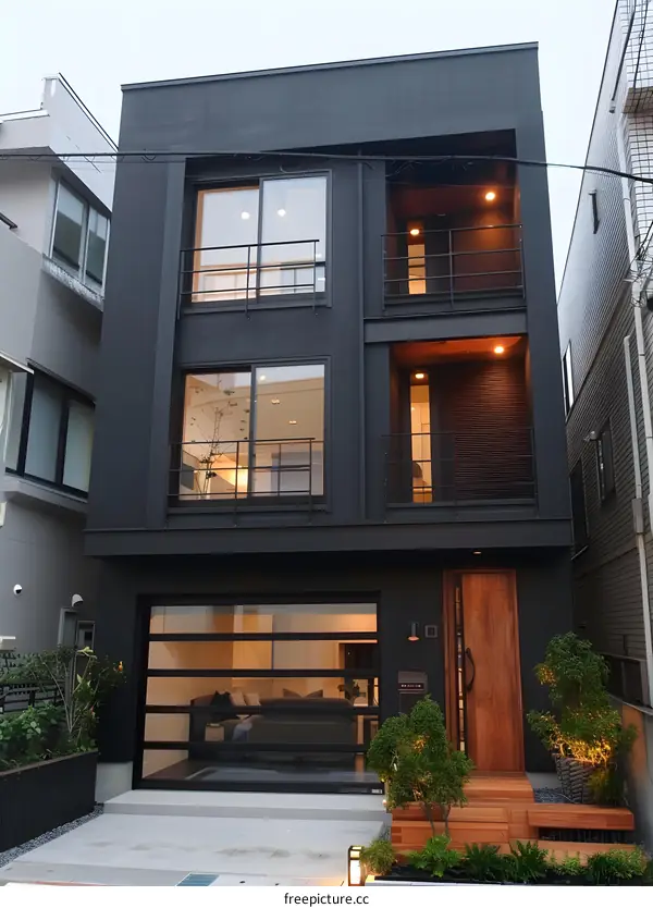 Modern Black House With Wooden Door And Balcony