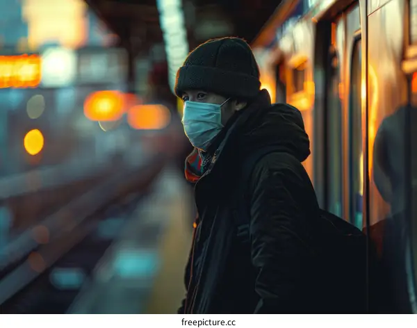 A lone man wearing a mask waits on a train platform