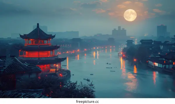 Li River and buildings in the mist at night