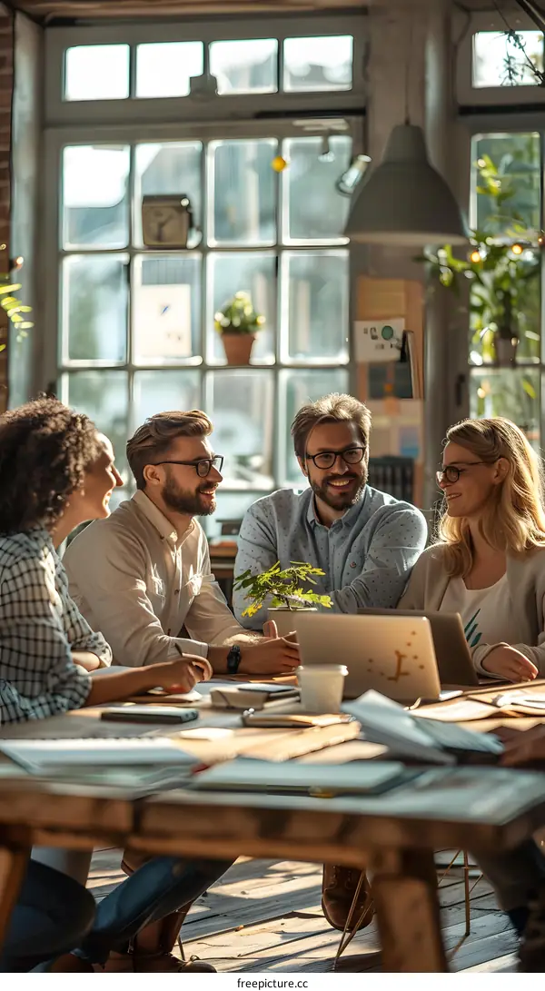 group of people sitting around a table talking and laughing